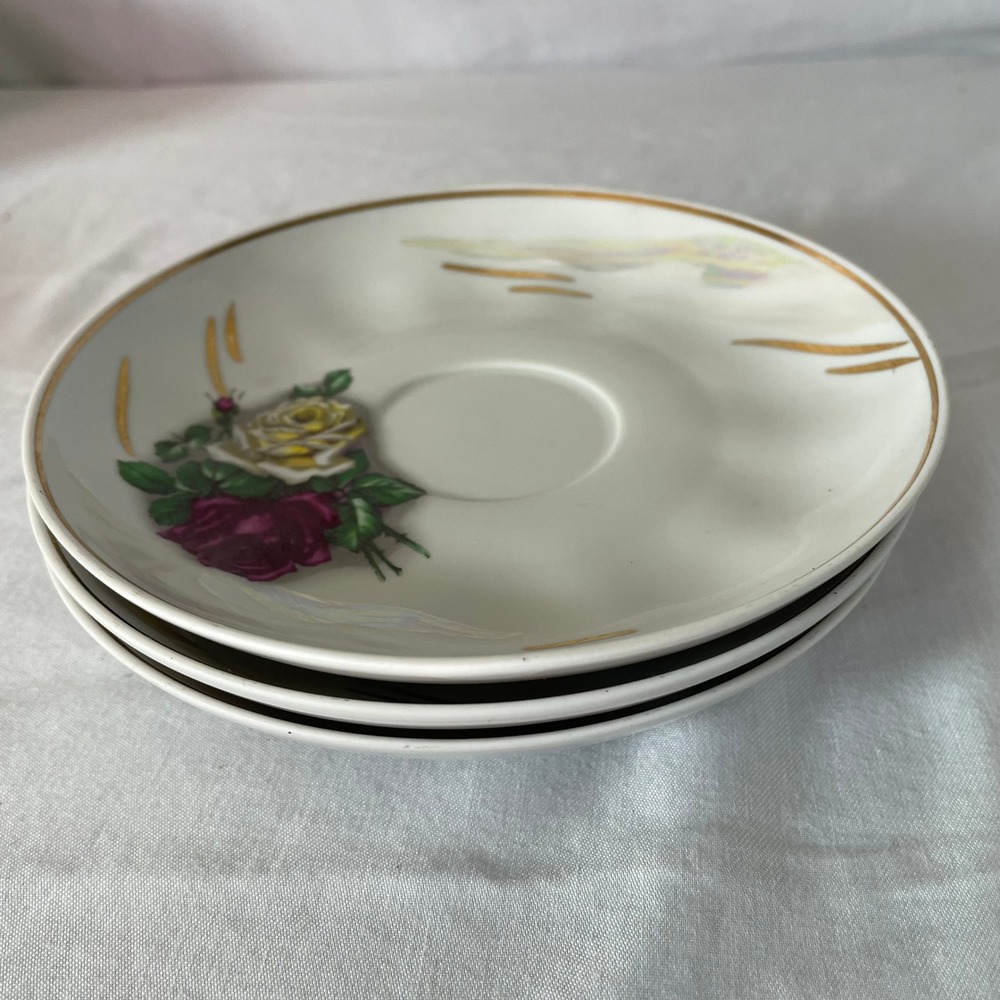 Vintage‎ USSR Porcelain Saucers Floral Rose Gold Accent Set of 3